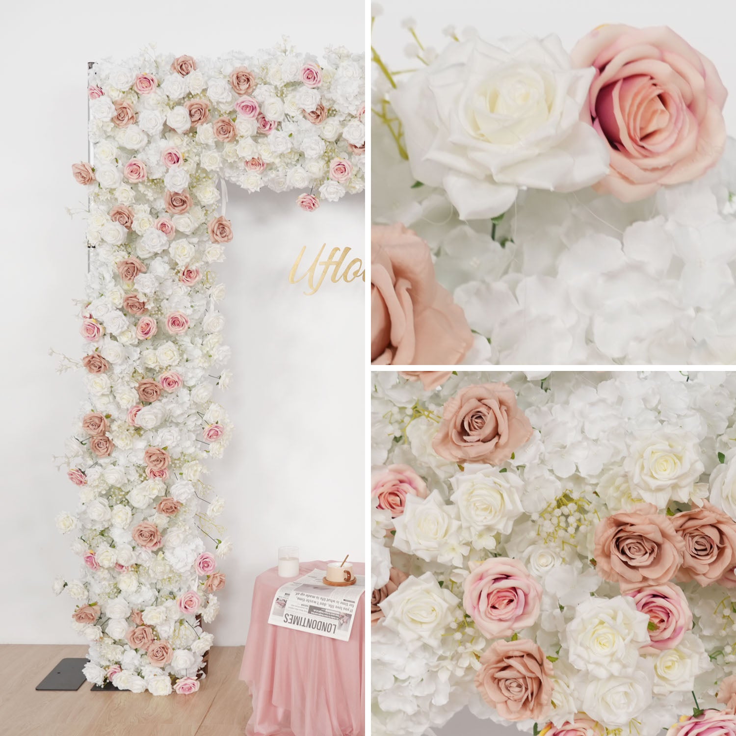 Uflower Pink Khaki Rose Wedding Background Flower Arrangement Arch Decoration